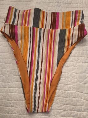 Aerie Swim Bottom Striped High-Waist Bikini in Orange, Pink & Gray Size XS